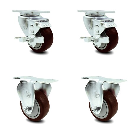 Service Caster 3 Inch Maroon Polyurethane Swivel Top Plate Caster Set with 2 Brake 2 Rigid SCC SCC-20S314-PPUB-MRN-TLB-TP2-2-R-2